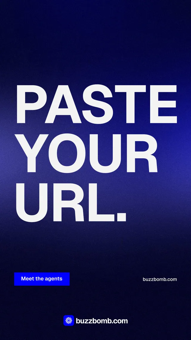 Instagram story for BuzzBomb: "Paste your URL." Swiss style, poster layout, dark palette in blue, black.