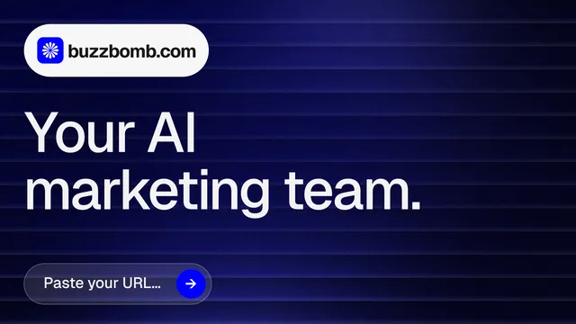 Landscape graphic for BuzzBomb: "Your AI marketing team." Agentic glass style, announce layout, dark palette in black, blue, grey.