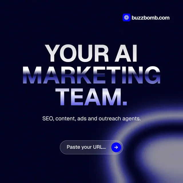 Instagram post for BuzzBomb: "Your AI marketing team." Agentic glass style, centred layout, dark palette in black, blue.
