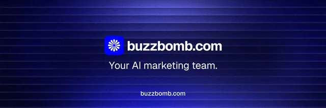 X header for BuzzBomb: "Your AI marketing team." Agentic glass style, end card layout, dark palette in blue, black.