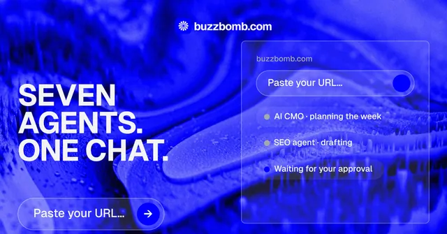 Social ad for BuzzBomb: "Seven agents. One chat." Agentic glass style, bottom layout, dark palette in blue.