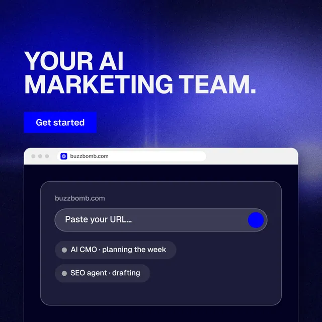 Instagram post for BuzzBomb: "Your AI marketing team." Swiss style, browser layout, dark palette in blue, black.