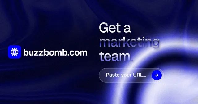 Social ad for BuzzBomb: "Get a marketing team." Agentic glass style, logo hero layout, dark palette in black, blue.