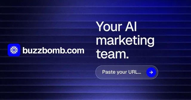 Social ad for BuzzBomb: "Your AI marketing team." Agentic glass style, logo hero layout, dark palette in black, blue.