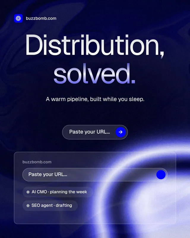 Instagram portrait post for BuzzBomb: "Distribution, solved." Agentic glass style, centred layout, dark palette in blue, black.