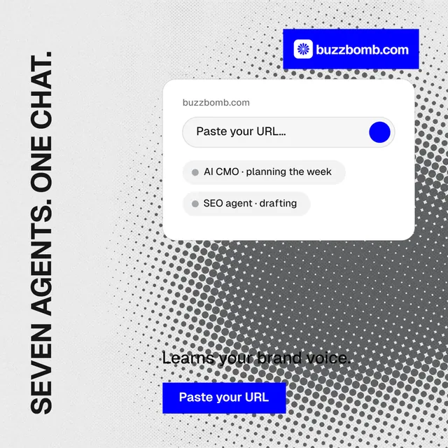 Instagram post for BuzzBomb: "Seven agents. One chat." Split block style, vertical layout, light palette in white, blue, grey.