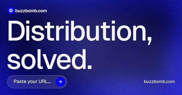 Social ad for BuzzBomb: "Distribution, solved." Agentic glass style, poster layout, dark palette in blue.