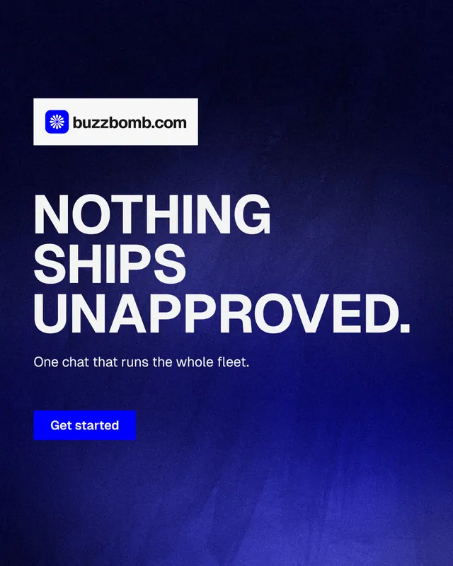 Instagram portrait post for BuzzBomb: "Nothing ships unapproved." Swiss style, announce layout, dark palette in black, blue, grey.
