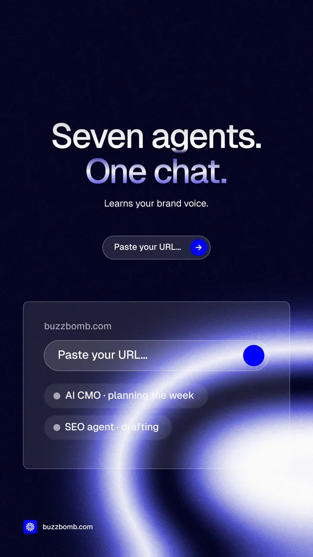 Instagram story for BuzzBomb: "Seven agents. One chat." Agentic glass style, centred layout, dark palette in black, blue.