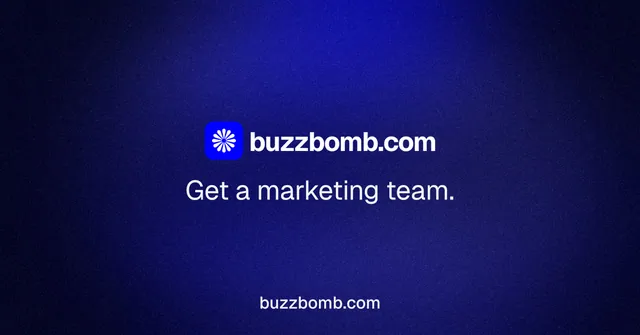 Social ad for BuzzBomb: "Get a marketing team." Swiss style, end card layout, dark palette in black, blue.