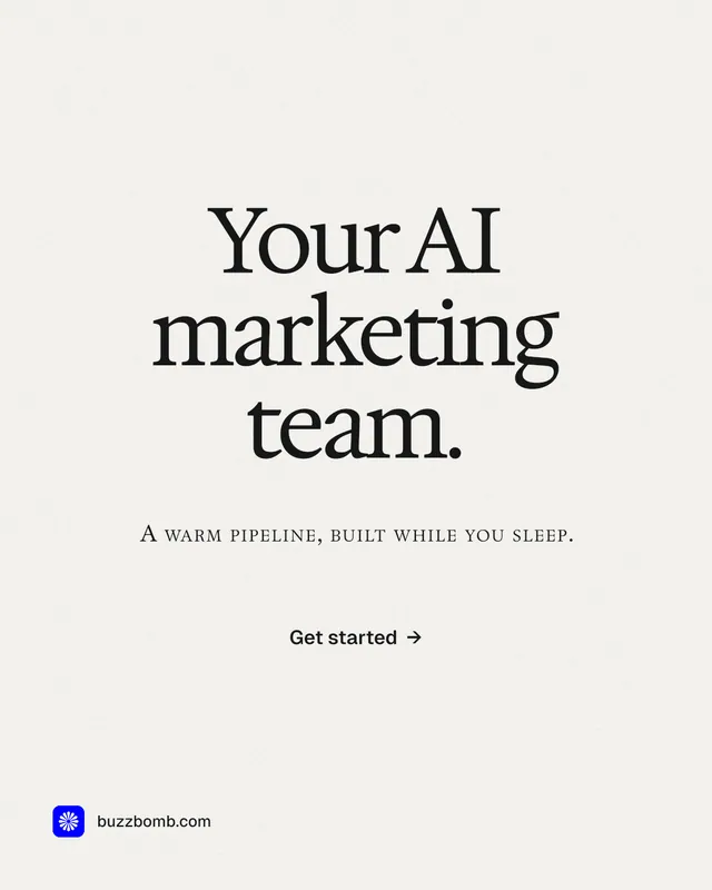 Instagram portrait post for BuzzBomb: "Your AI marketing team." Swiss style, smallcaps layout, light palette in white, grey.