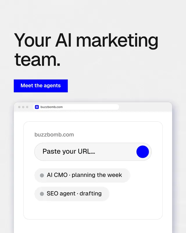 Instagram portrait post for BuzzBomb: "Your AI marketing team." Swiss style, browser layout, light palette in white, blue.