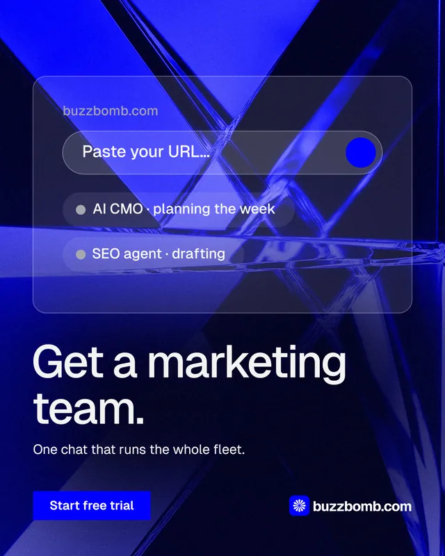 Instagram portrait post for BuzzBomb: "Get a marketing team." Swiss style, bottom layout, dark palette in black, blue.