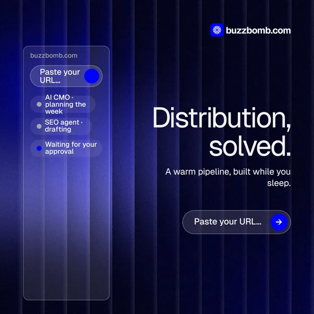 Instagram post for BuzzBomb: "Distribution, solved." Agentic glass style, right layout, dark palette in black, blue.