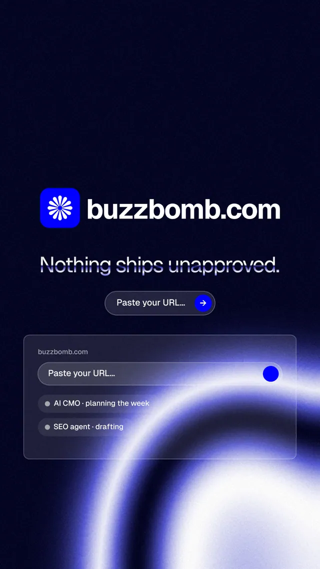 Instagram story for BuzzBomb: "Nothing ships unapproved." Agentic glass style, logo hero layout, dark palette in black, blue.