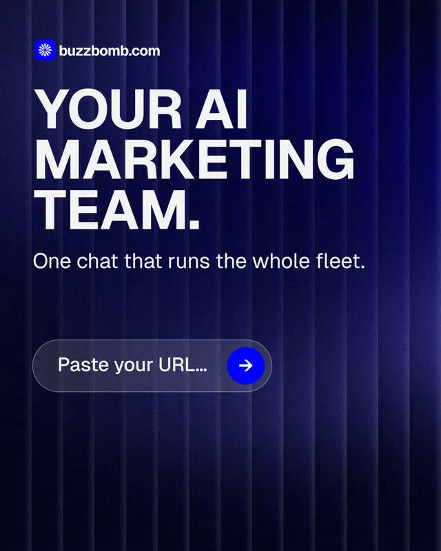 Instagram portrait post for BuzzBomb: "Your AI marketing team." Agentic glass style, skeleton layout, dark palette in black, blue, grey.