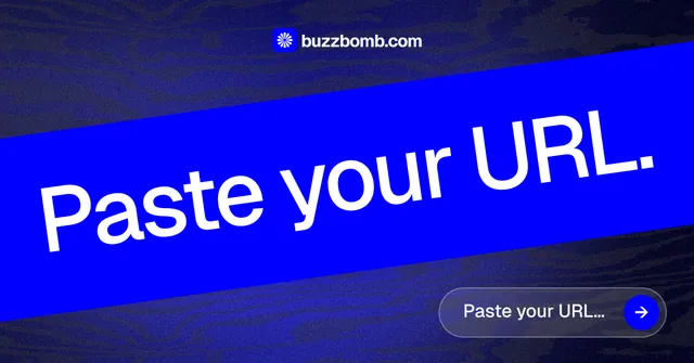 Social ad for BuzzBomb: "Paste your URL." Agentic glass style, diagonal layout, dark palette in blue.
