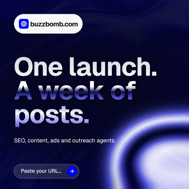 Instagram post for BuzzBomb: "One launch. A week of posts." Agentic glass style, announce layout, dark palette in black, blue.