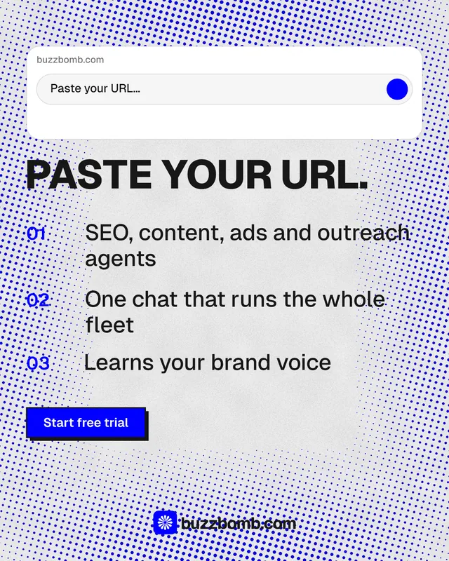 Instagram portrait post for BuzzBomb: "Paste your URL." Brutalist style, numbered layout, light palette in blue, white.