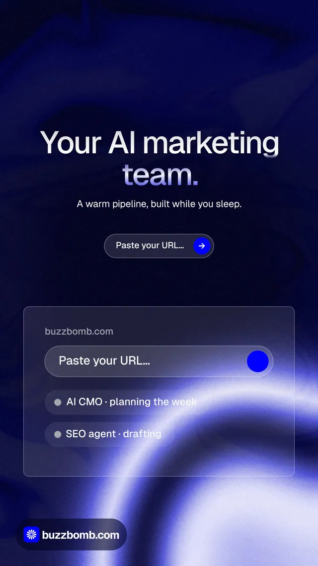 Instagram story for BuzzBomb: "Your AI marketing team." Agentic glass style, centred layout, dark palette in black, blue.
