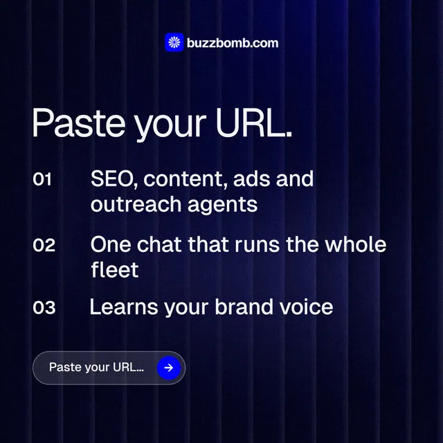 Instagram post for BuzzBomb: "Paste your URL." Agentic glass style, numbered layout, dark palette in black, blue, grey.