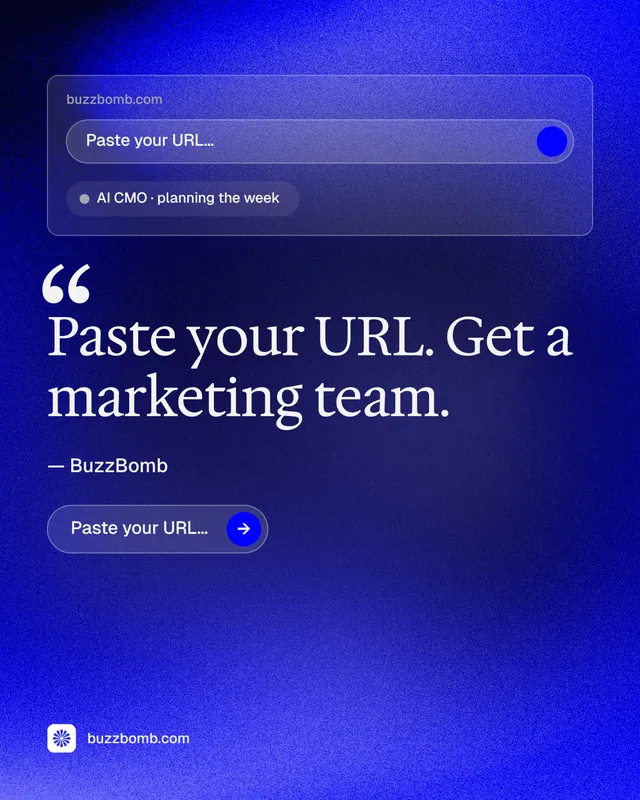 Instagram portrait post for BuzzBomb: "One launch. A week of posts." Agentic glass style, quote layout, dark palette in blue.