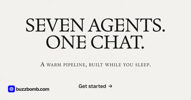 Social ad for BuzzBomb: "Seven agents. One chat." Swiss style, smallcaps layout, light palette in white.