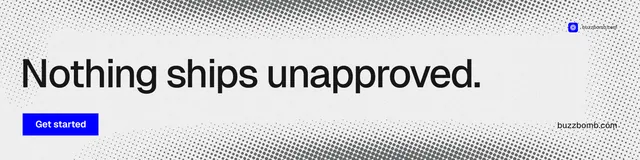 LinkedIn banner for BuzzBomb: "Nothing ships unapproved." Swiss style, poster layout, light palette in white, grey.