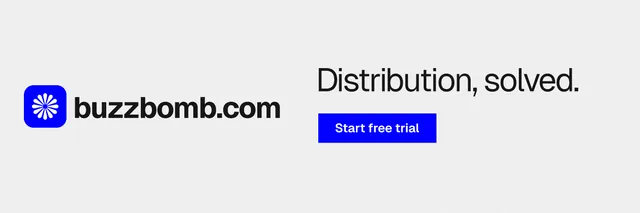 X header for BuzzBomb: "Distribution, solved." Swiss style, logo hero layout, light palette in white, blue.