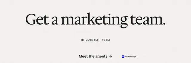 X header for BuzzBomb: "Get a marketing team." Swiss style, smallcaps layout, light palette in white.