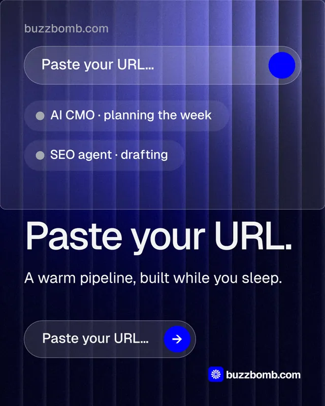 Instagram portrait post for BuzzBomb: "Paste your URL." Agentic glass style, skeleton layout, dark palette in black, blue.