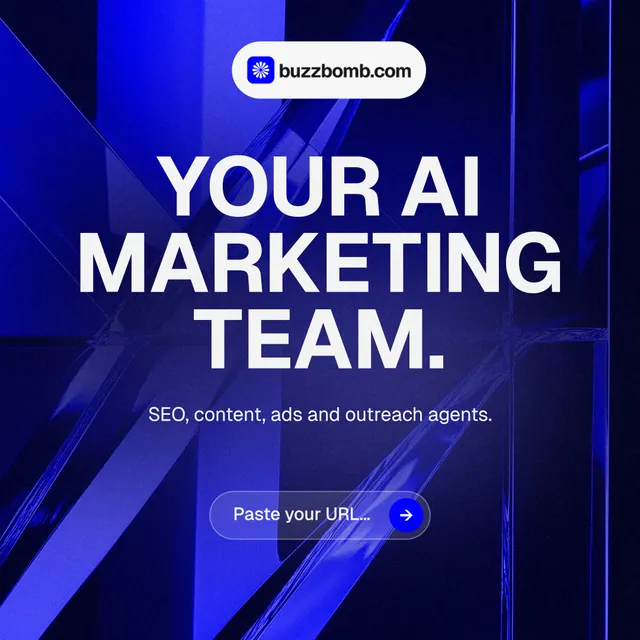 Instagram post for BuzzBomb: "Your AI marketing team." Agentic glass style, centred layout, dark palette in black, blue.