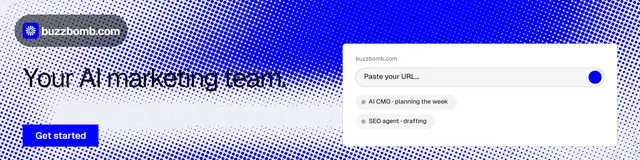 LinkedIn banner for BuzzBomb: "Your AI marketing team." Swiss style, bottom layout, light palette in blue, white.