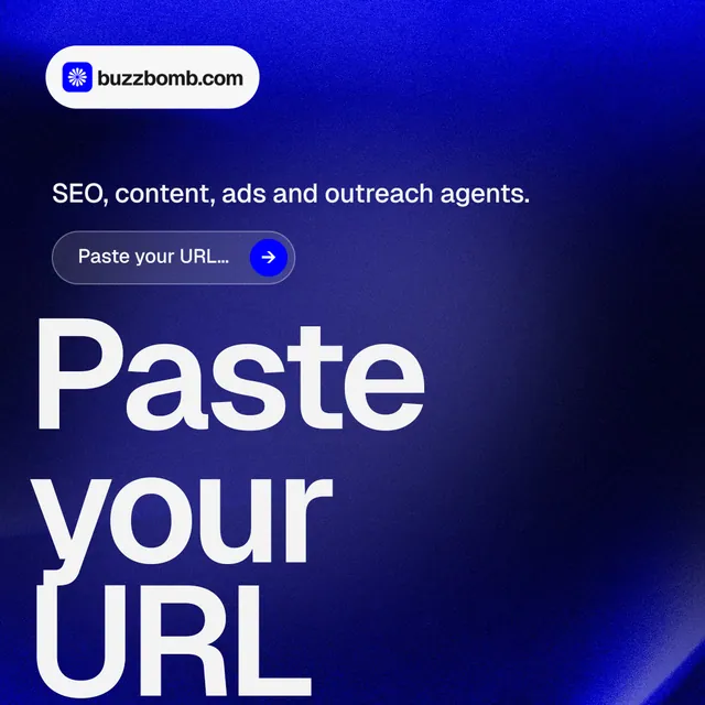 Instagram post for BuzzBomb: "Your AI marketing team." Agentic glass style, oversized layout, dark palette in blue.