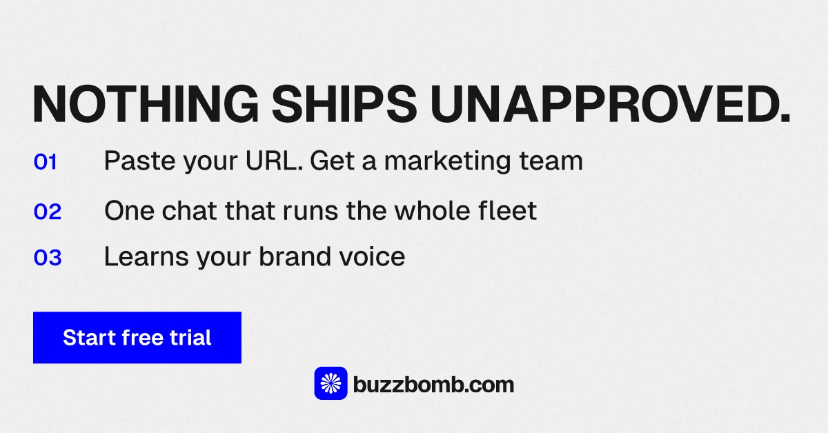 Social ad for BuzzBomb: "Nothing ships unapproved." Swiss style, numbered layout, light palette in white, blue.