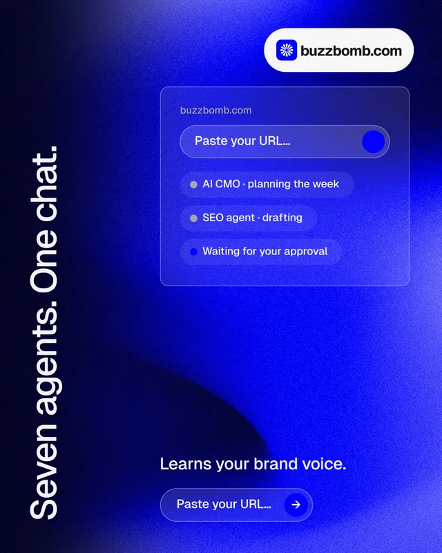 Instagram portrait post for BuzzBomb: "Seven agents. One chat." Agentic glass style, vertical layout, dark palette in blue.