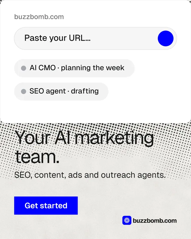 Instagram portrait post for BuzzBomb: "Your AI marketing team." Swiss style, skeleton layout, light palette in white, grey.