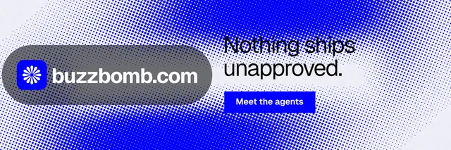 X header for BuzzBomb: "Nothing ships unapproved." Swiss style, logo hero layout, light palette in blue.