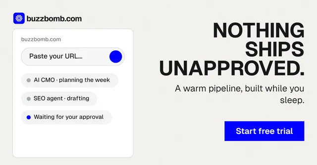 Social ad for BuzzBomb: "Nothing ships unapproved." Swiss style, right layout, light palette in white, blue.