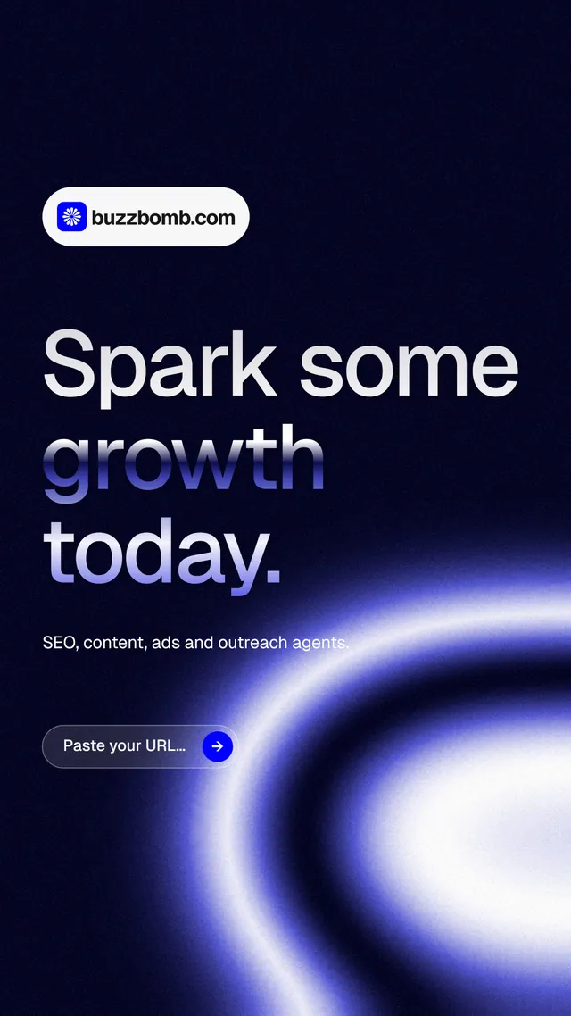Instagram story for BuzzBomb: "Spark some growth today." Agentic glass style, announce layout, dark palette in black, blue.