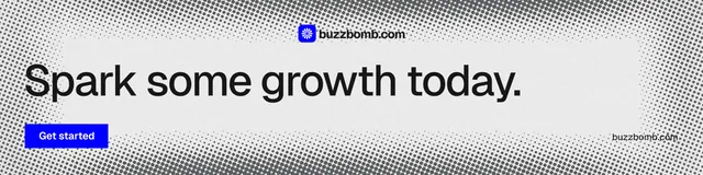 LinkedIn banner for BuzzBomb: "Spark some growth today." Swiss style, poster layout, light palette in white, grey.