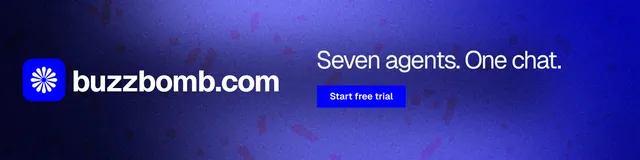 LinkedIn banner for BuzzBomb: "Seven agents. One chat." Swiss style, logo hero layout, dark palette in blue.