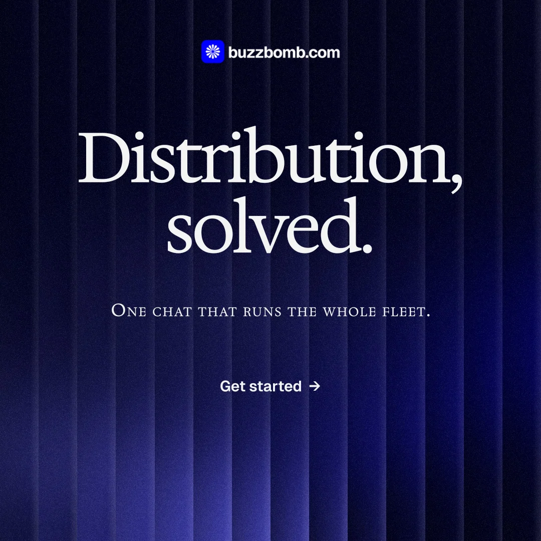 Instagram post for BuzzBomb: "Distribution, solved." Agentic glass style, smallcaps layout, dark palette in black, blue.