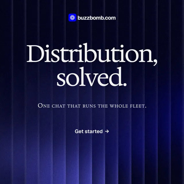 Instagram post for BuzzBomb: "Distribution, solved." Agentic glass style, smallcaps layout, dark palette in black, blue.