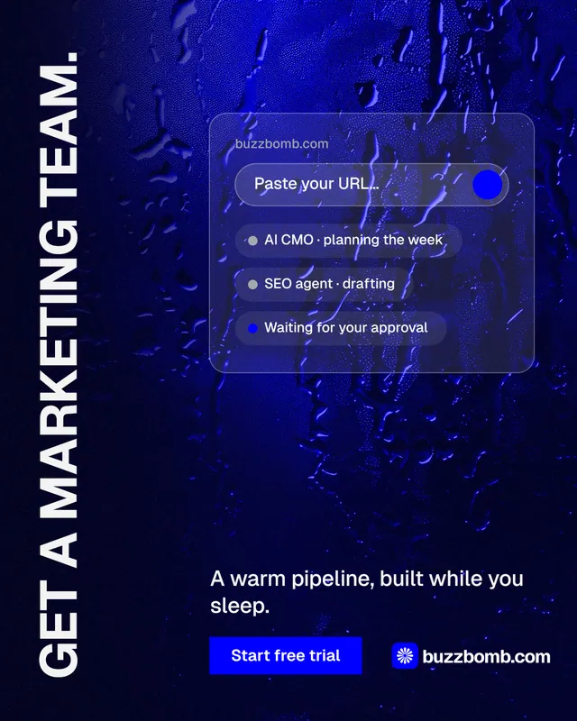 Instagram portrait post for BuzzBomb: "Get a marketing team." Swiss style, vertical layout, dark palette in black, blue.