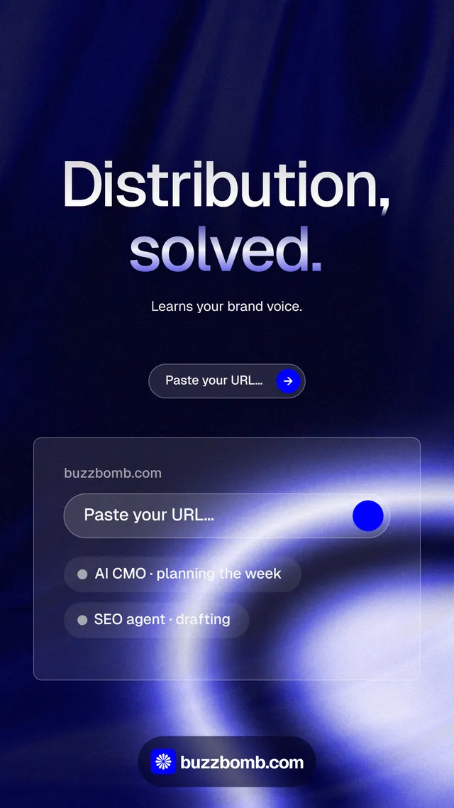 Instagram story for BuzzBomb: "Distribution, solved." Agentic glass style, centred layout, dark palette in blue, black.