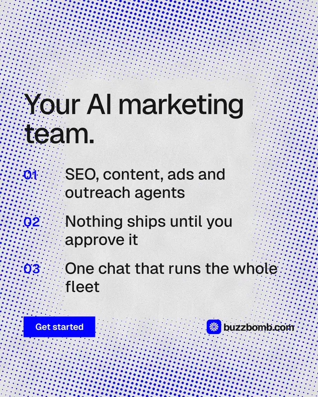 Instagram portrait post for BuzzBomb: "Your AI marketing team." Swiss style, numbered layout, light palette in blue, white.