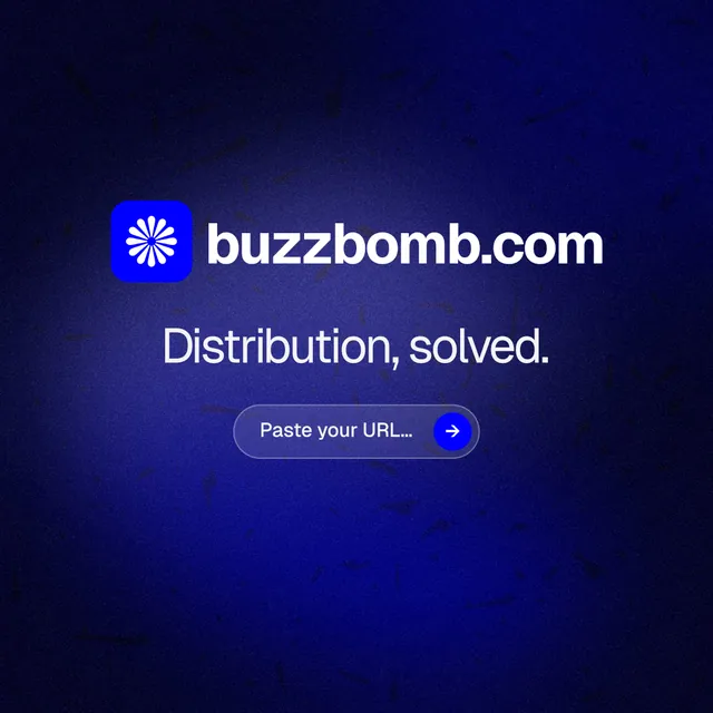Instagram post for BuzzBomb: "Distribution, solved." Agentic glass style, logo hero layout, dark palette in black, blue.