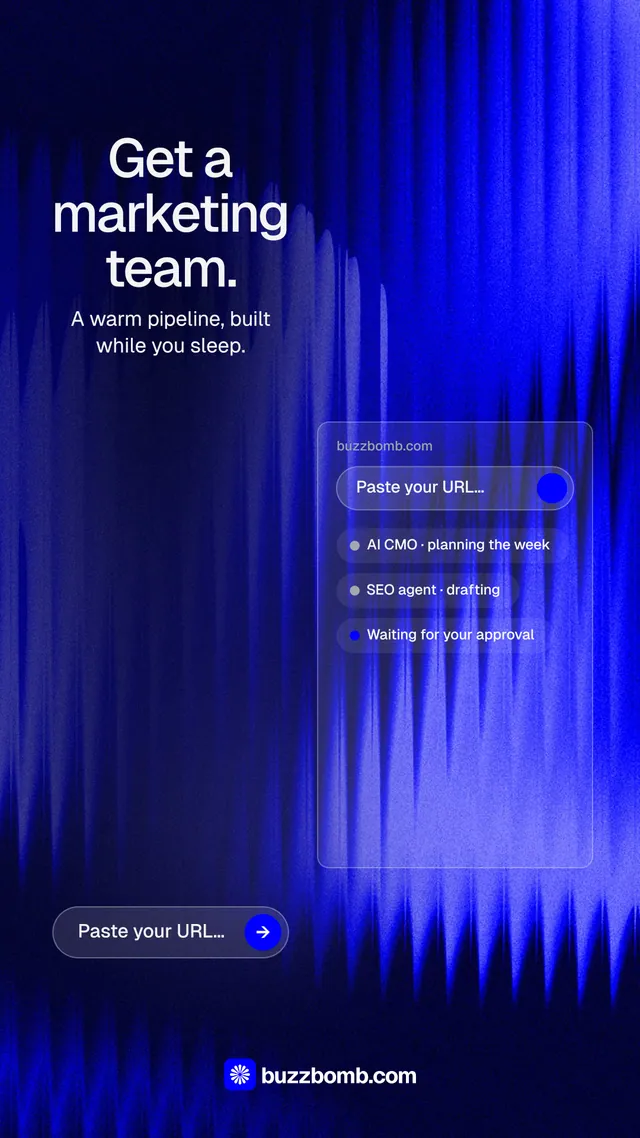 Instagram story for BuzzBomb: "Get a marketing team." Agentic glass style, skeleton layout, dark palette in blue.