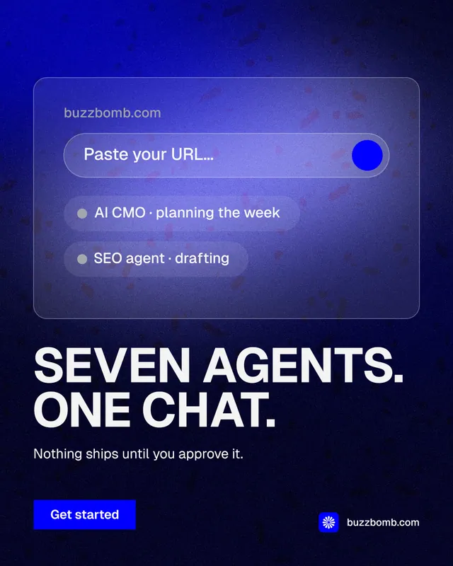 Instagram portrait post for BuzzBomb: "Seven agents. One chat." Swiss style, bottom layout, dark palette in black, blue.